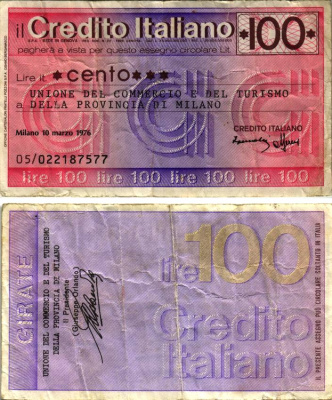 Италия чек на 100 лир 1976 Милан, 10 марта 1976, (unione del commercio e del turismo A DelLa provincia Di Milano) бумага 6280-33-4-1