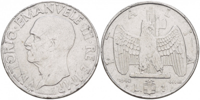 ИТАЛИЯ 1 ЛИРА 1940 R, ВИКТОР ИММАНУИЛ KM 77b сталь 4545-315
