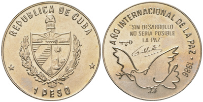 Куба 1 песо 1986 международный год мира KM 156 медно-никель UNC 4165-1131