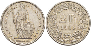 Швейцария 2 франка 1968 В KM 21а.1 медно-никель 4542-444