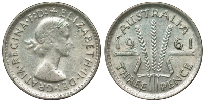 Австралия 3 пенса 1961 m, Елизавета II (1952-2022) KM 57 серебро 71-711