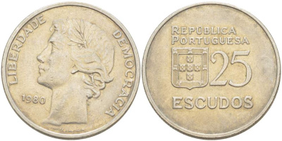 Португалия 25 эскудо 1980 первый год KM 607а медно-никель 4521-1231