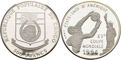 Конго 500 франков 1992 XV чемпионат мира по футболу 1994 года в США, тираж 10000 экз. KM 11 серебро PROOF 00-000-00