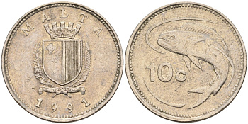 Мальта 10 центов 1991 золотая макрель KM 96 медно-никель 4588-224