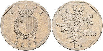 Мальта 50 центов 1995 девясил KM 98 медно-никель 210-1027