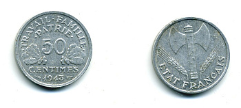 ФРАНЦИЯ 50 САНТИМОВ 1943 ПРАВИТЕЛЬСТВО ВИШИ KM 914.1, LE FRANC 196.1 алюминий 84-356