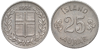 Исландия 25 эйре 1951 KM 11 медно-никель 4594-341