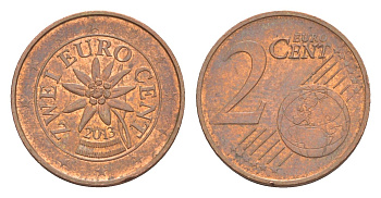 Австрия 2 евроцента 2013 KM 3083 сталь плакированная медью 4649-1236