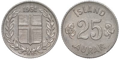Исландия 25 эйре 1951 KM 11 медно-никель 4594-341