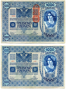 Австрия 1000 крон 1919 красная вертикальная надпечатка на 1902 Pick 59 бумага 8618-1-1-1