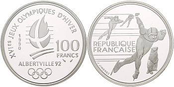 Франция 100 франков 1990 XVI Зимние Олимпийские игры 1992 в Альбервиле, конькобежный спорт KM 980 серебро PROOF 1081-6-13