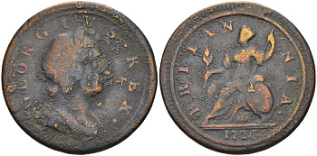 Великобритания 1/2 пенни 1720 Георг I (1714-1727) KM 557, Spink 3660 медь 441-911