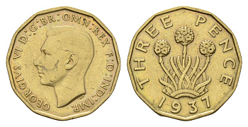 Великобритания 3 пенса 1937 Георг VI (1936-1952) KM 849, Spink 4112 никель латунь 4121-437