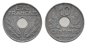 Франция 10 сантимов 1943 KM 903 цинк 4647-843