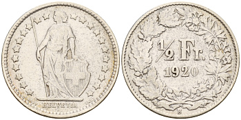 Швейцария 1/2 франка 1920 В  KM 23  серебро    4160-368