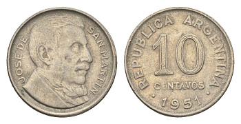 Аргентина 10 сентаво 1951 генерал Хосе де Сан Мартин KM 47 медно-никель 4664-545