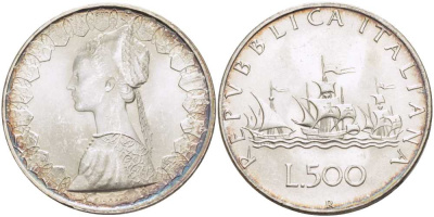 Италия 500 лир 1958 R, корабли Колумба KM 98 серебро 53-921