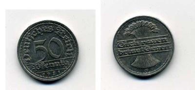 ГЕРМАНИЯ 50 ПФЕННИГОВ 1921 G KM 27, J. 301 алюминий 35-1211