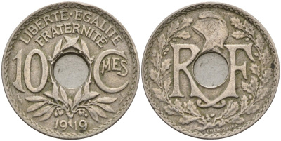 Франция 10 сантимов 1919 KM 866a, Le Franc 138.3 медно-никель 4143-844