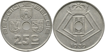 БЕЛЬГИЯ 25 САНТИМОВ 1939 BELGIQUE-BELGIE, ЛЕОПОЛЬД III (1934-1950) KM 114.1 никель латунь 94-933