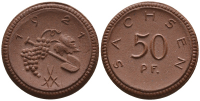 Саксония 50 пфеннигов 1921 виноград и лопата J. N 54 фарфор UNC 1094-8-43