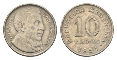 Аргентина 10 сентаво 1951 генерал Хосе де Сан Мартин KM 47 медно-никель 4664-545