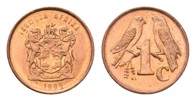 ЮАР 1 цент 1999 герб, капские воробьи KM 170 сталь плакированная медью UNC 4694-241