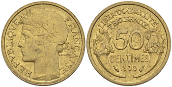ФРАНЦИЯ 50 САНТИМОВ 1939 ТИП MORLON KM 894.1, LE FRANC 192.15 алюминиевая бронза 44-769