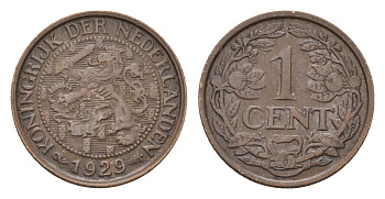 Нидерланды 1 цент 1929 Вильгельмина (1890-1948) KM 152 бронза 4674-1155