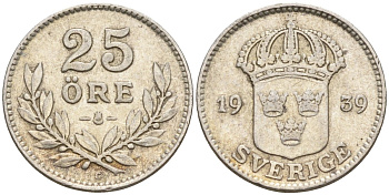 Швеция 25 эре 1939 G, Густав V (1907-1950) KM 785 серебро 4147-947