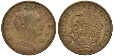 Мексика 5 сентаво 1959 Жозефа Ортис де Домингес KM 426 латунь G 4182-122