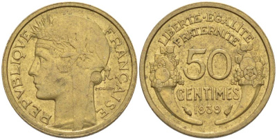ФРАНЦИЯ 50 САНТИМОВ 1939 ТИП MORLON KM 894.1, LE FRANC 192.15 алюминиевая бронза 44-769