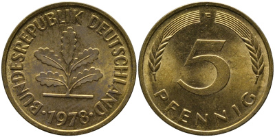 ФРГ 5 пфеннигов 1978 F KM 107, J.382 сталь плакированная латунью 99-117