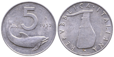 ИТАЛИЯ 5 ЛИР 1952 R, РУЛЬ, ДЕЛЬФИН KM 92 алюминий 56-844
