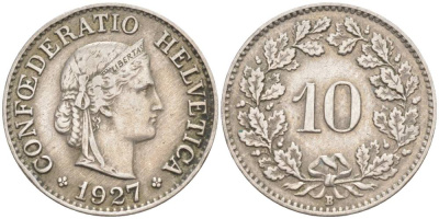 ШВЕЙЦАРИЯ 10 РАППЕНОВ 1927 В KM 27 медно-никель 3309-413
