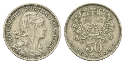 Португалия 50 сентаво 1962 голова Свободы вправо KM 577 никель латунь 4659-643
