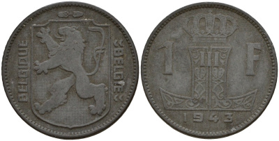 Бельгия 1 франк 1943 Belgique - Belgie, Леопольд III (1934-1947), германская оккупация, Вторая мировая война KM 127 цинк 4161-523