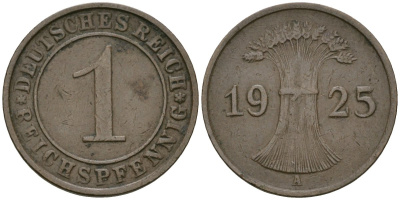 Германия 1 рейхспфенниг 1925 A KM 37, J. 313 бронза 4189-1115