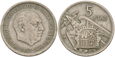 Испания 5 песет 1957 (67) Франсиско Франко (1939-1975) KM 786 медно-никель 4155-545