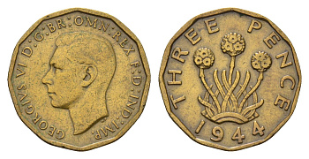 Великобритания 3 пенса 1944 Георг VI (1936-1952) KM 849, Spink 4112 никель латунь 77-421