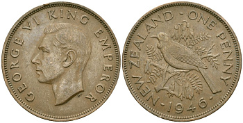 Новая Зеландия 1 пенни 1946 Георг VI (1936-1952), новозеландский туи KM 13 бронза 32-1243