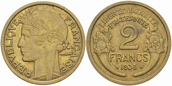 ФРАНЦИЯ 2 ФРАНКА 1938 ТРЕТЬЯ РЕСПУБЛИКА (1871-1940) KM 886, LE FRANC 268.11 алюминиевая бронза 23-115