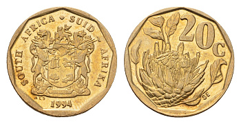 ЮАР 20 центов 1994 KM 136 сталь плакированная латунью UNC 4643-316