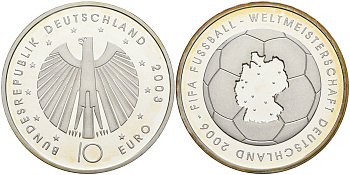 ФРГ 10 евро 2003 чемпионат мира по футболу 2006 года в Германии, первая монета KM 223, DE.S. 10.8 серебро PROOF 1076-3-31