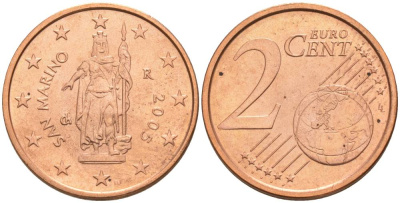 Сан-Марино 2 евроцента 2005 KM 441 сталь плакированная медью UNC 68-753