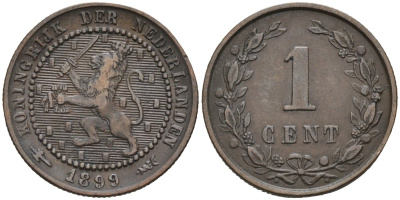 Нидерланды 1 цент 1899 Вильгельмина (1890-1948) KM 107 бронза 4576-637