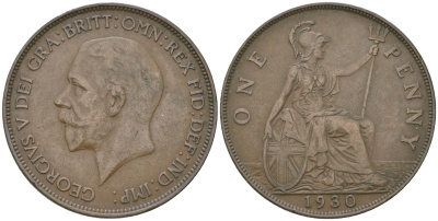 Великобритания 1 пенни 1930 Георг V (1910-1936) KM 838, Spink 4055 бронза    69-1015