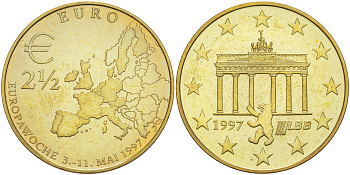 ГЕРМАНИЯ 2 1/2 ЕВРО 1997 БРАНДЕНБУРГСКИЕ ВОРОТА, ЕВРО-ЭКЮ, сталь плакированная латунью 4111-911