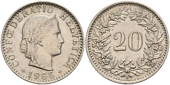 Швейцария 20 раппенов 1966 B KM 29a медно-никель 4606-812