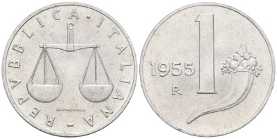 Италия 1 лира 1955 R, весы KM 91 алюминий  UNC  4594-658